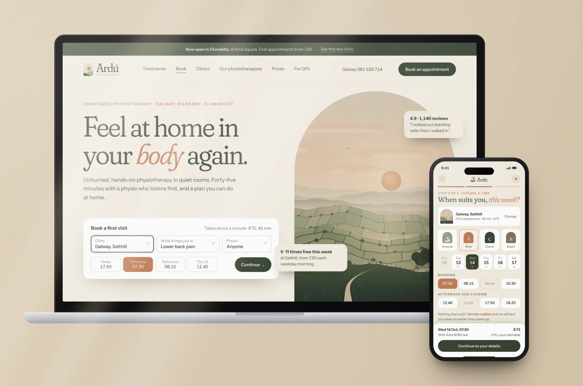 Ardú Physiotherapy: Website · homepage and three-step phone booking