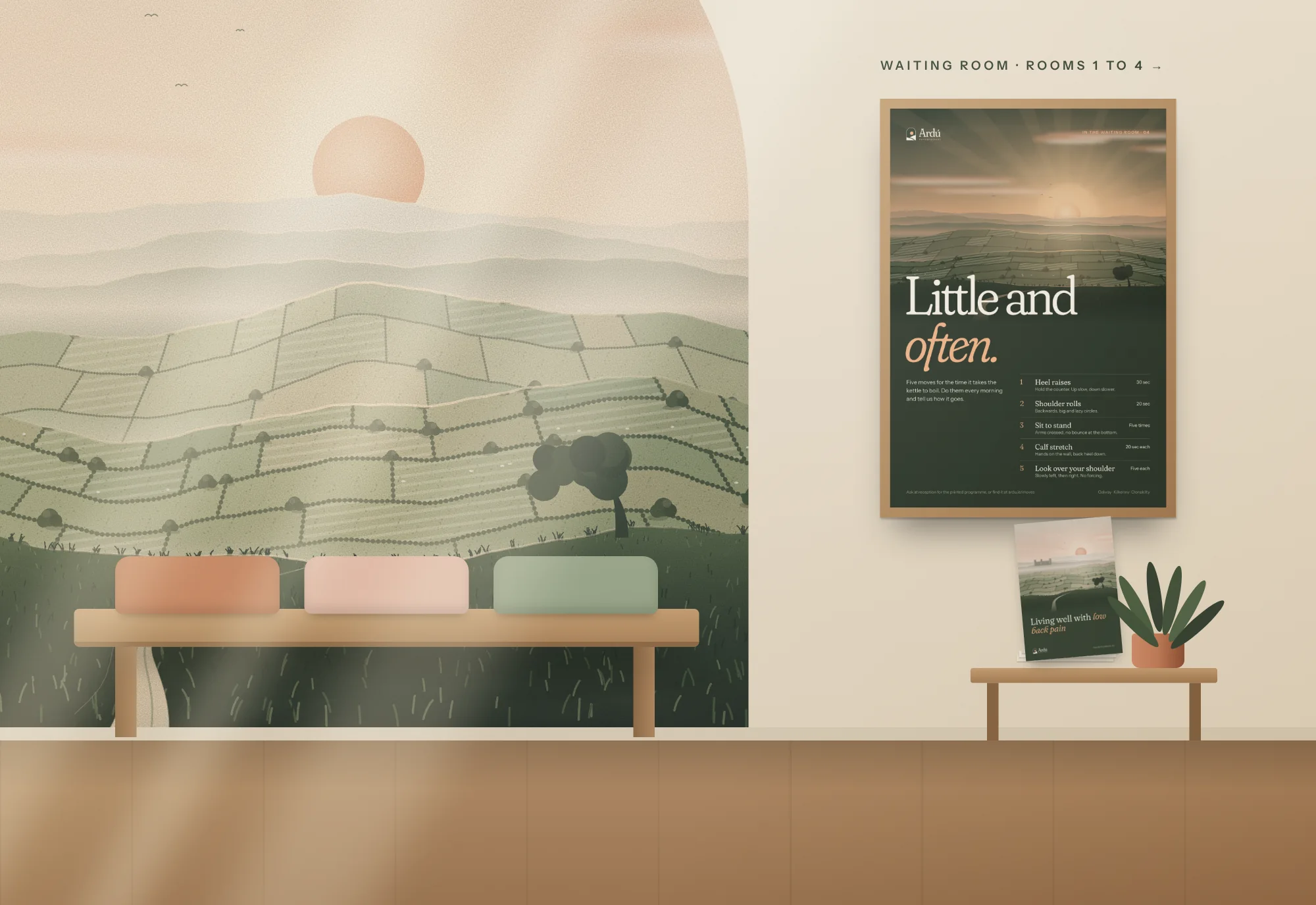 Ardú Physiotherapy: Interior · arch mural and A2 waiting-room poster