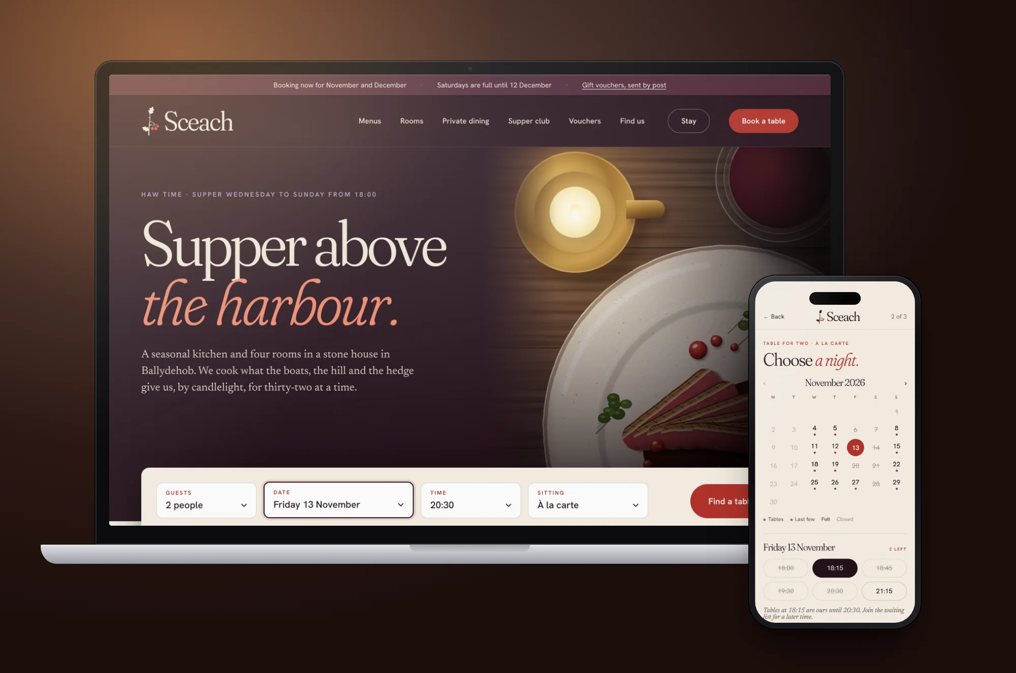 Sceach: Website · reservations, with live tables and the booking flow