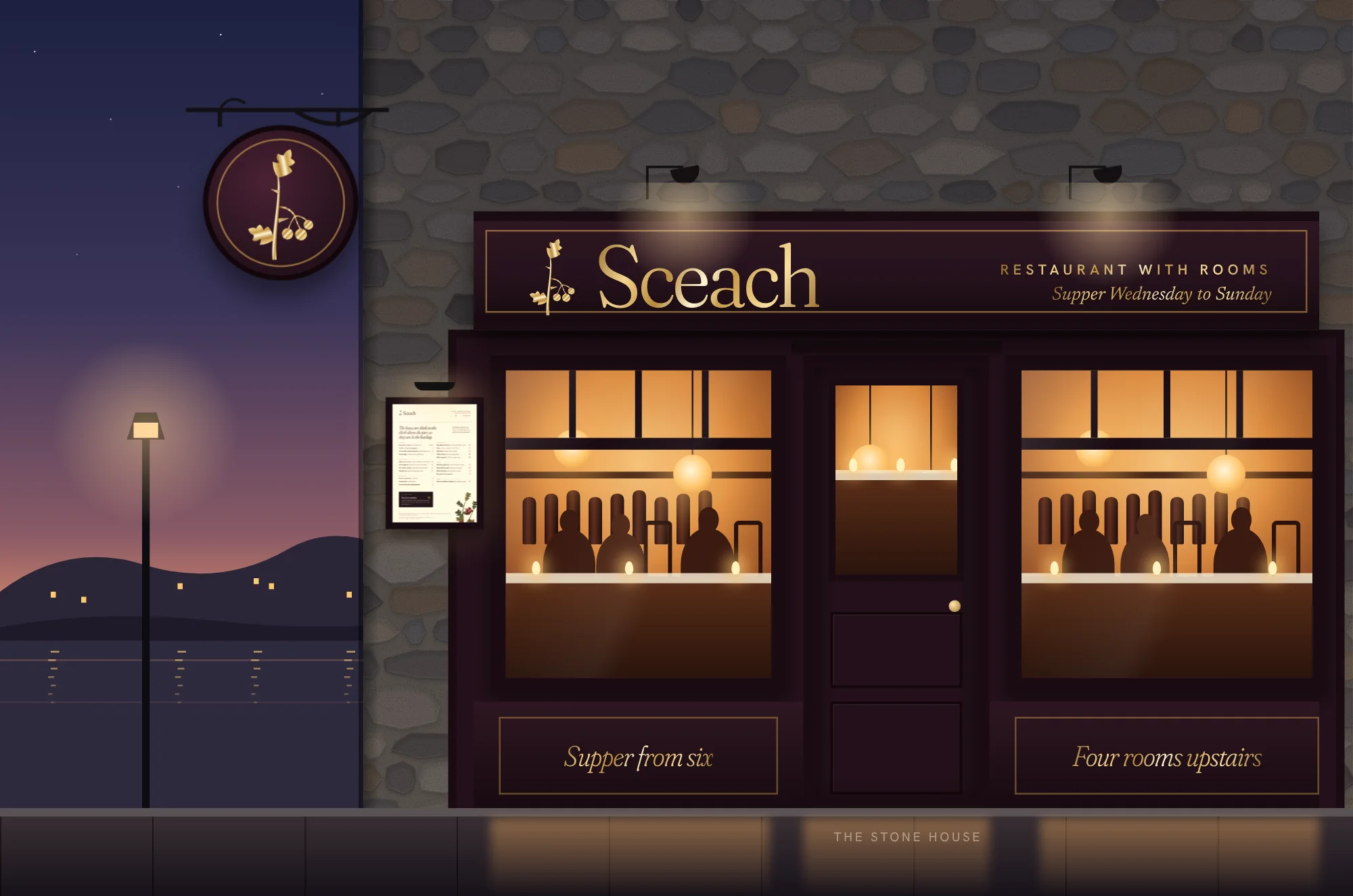 Sceach: Signage · gilded fascia and hanging sign, Harbour Road at dusk