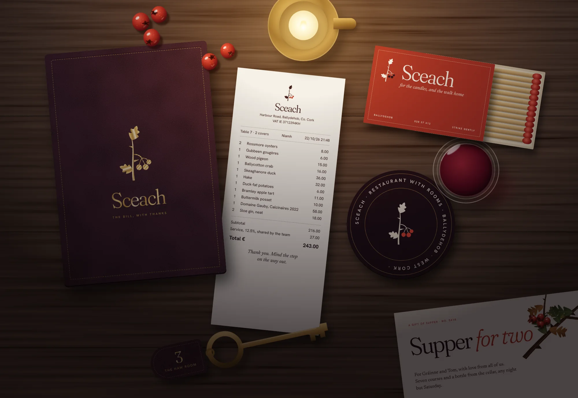 Sceach: Identity · bill folder, receipt, matchbox, coaster, room key and voucher